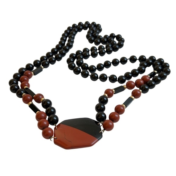 Vintage Beaded Necklace Double Strand w/ Plaque Marble or Glass - Picture 2 of 7